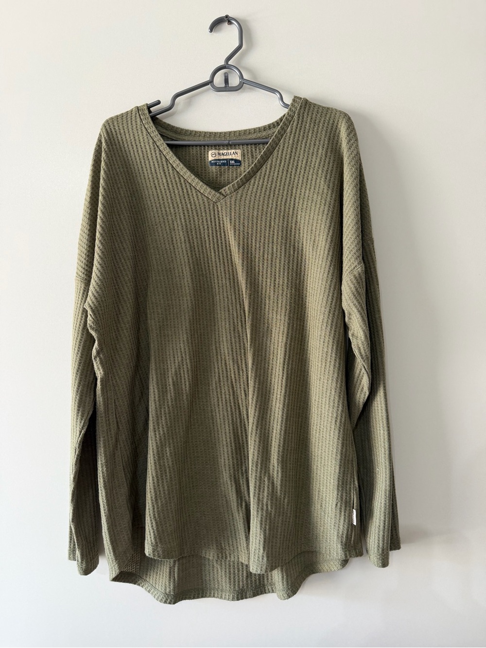 Magellan Outdoors Olive Green Waffle V-Neck Long Sleeve Top